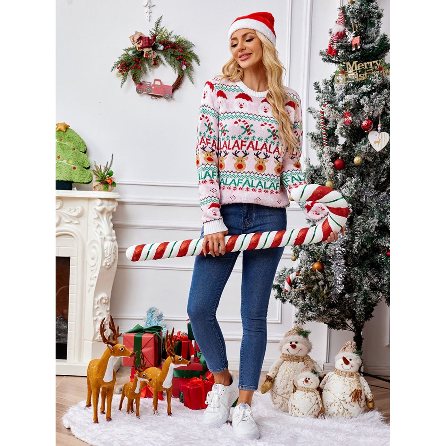 Christmas Element Round Neck Long Sleeve Sweater