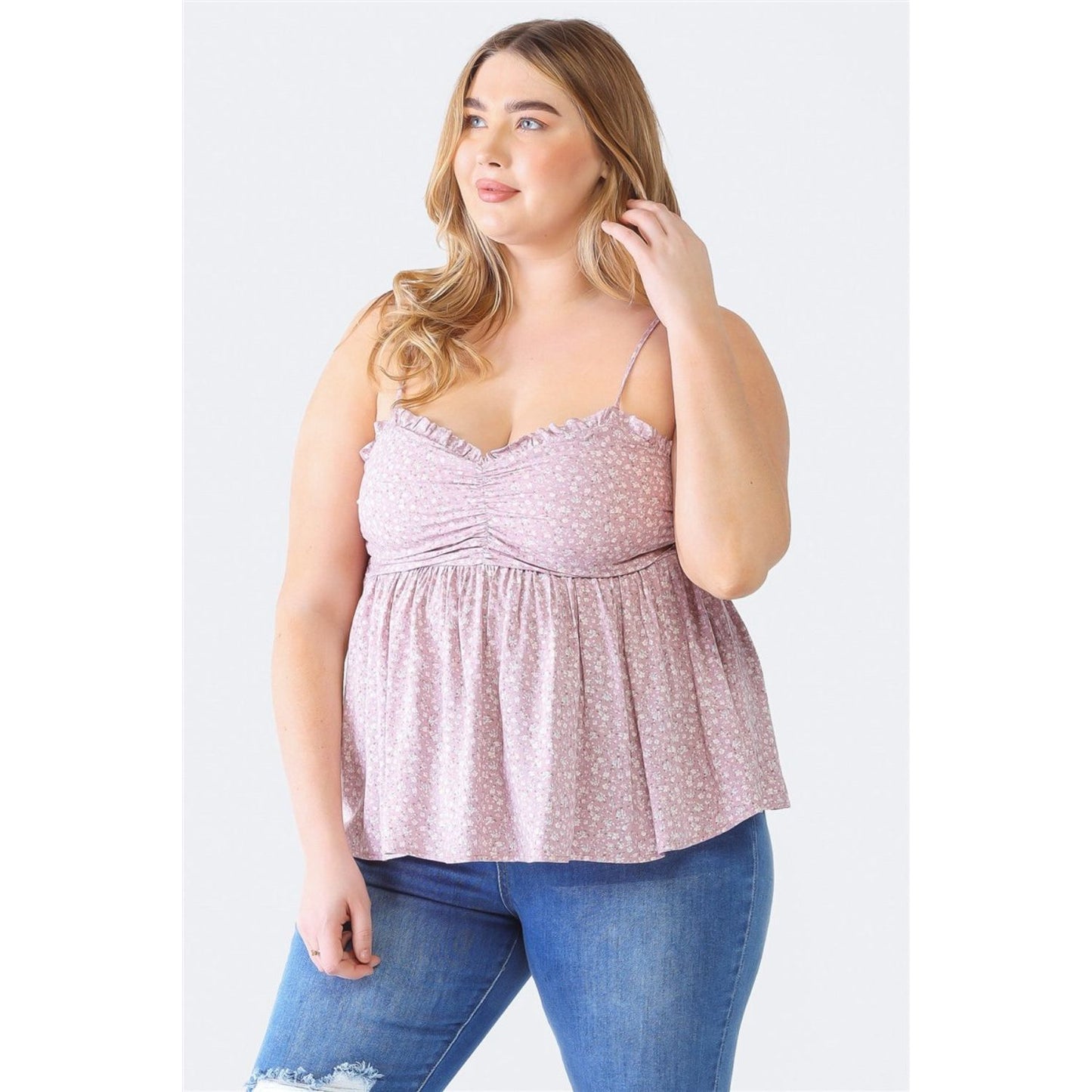 Zenobia Plus Size Frill Smocked Floral Sweetheart Neck Cami