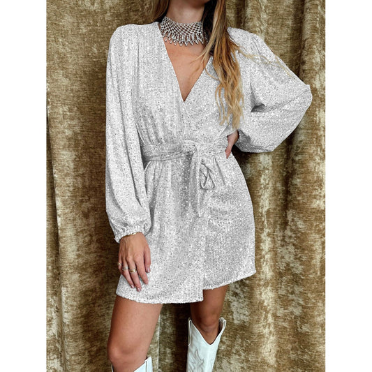 Tied Sequin Surplice Balloon Sleeve Dress