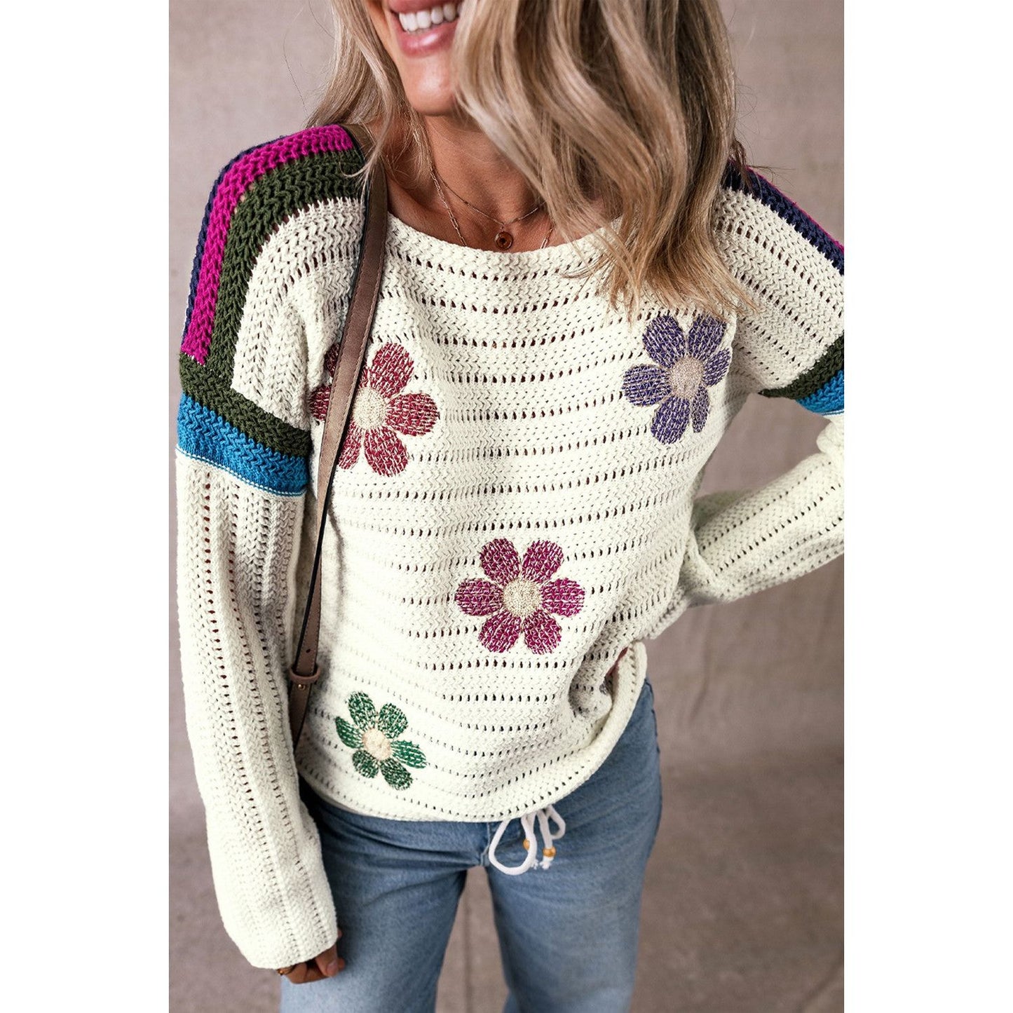 Flower Round Neck Long Sleeve Sweater