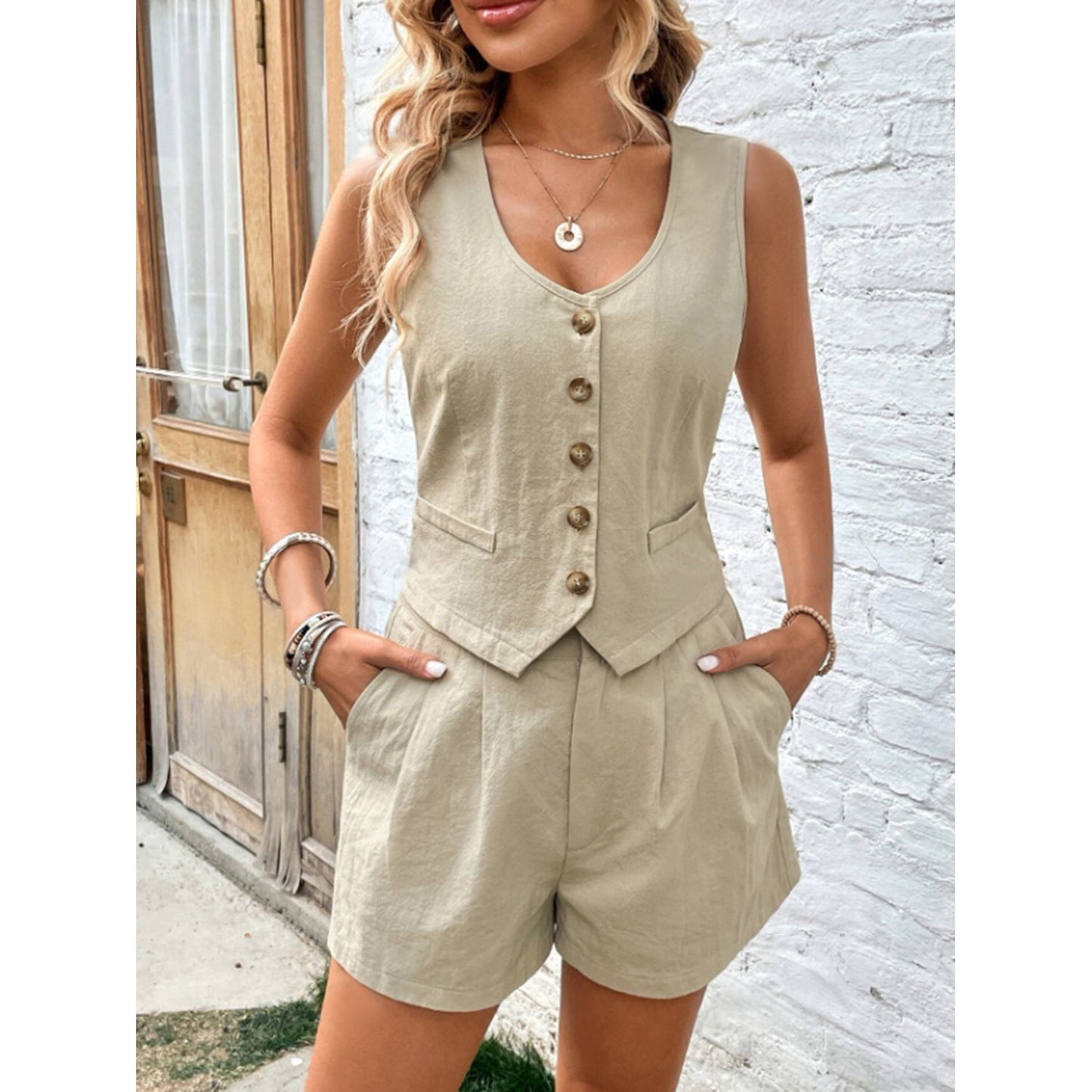 Scoop Neck Sleeveless Top and Shorts Set