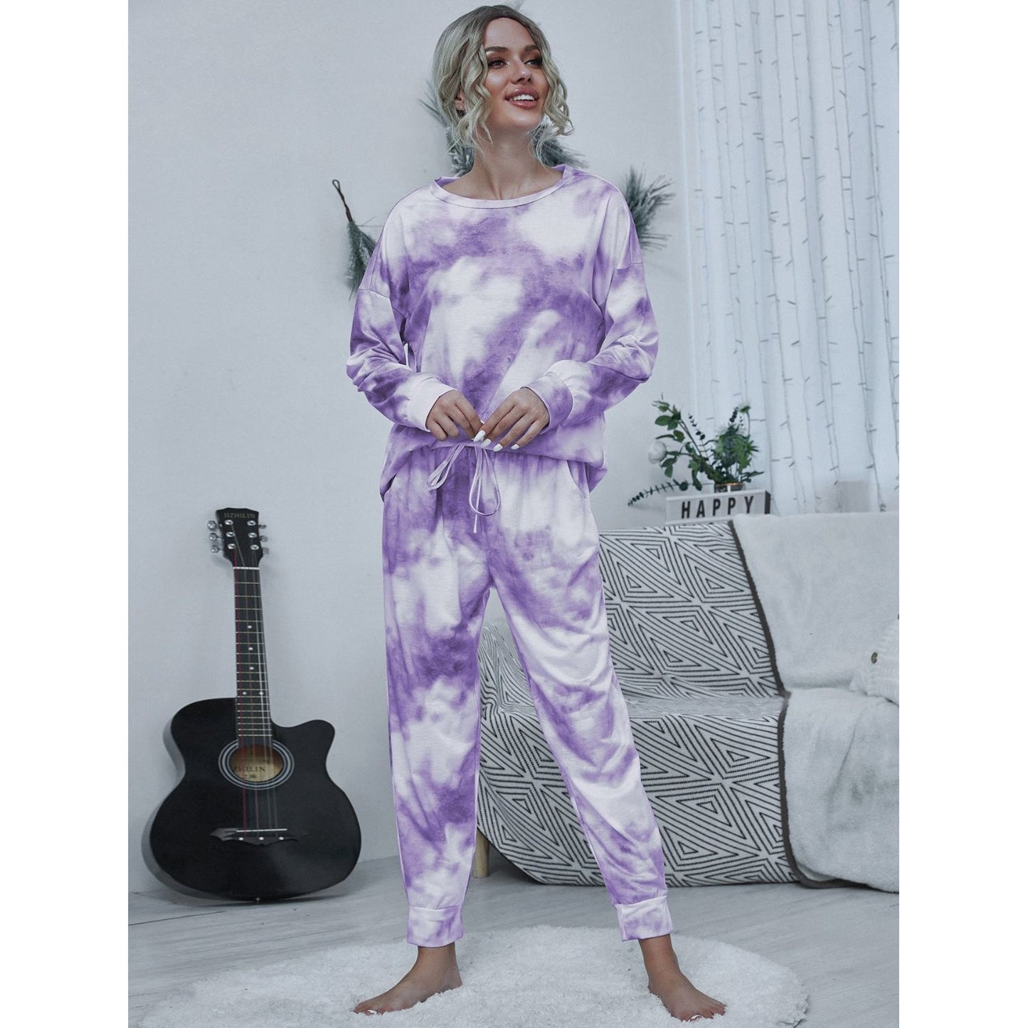 Shiny Tie-dye Round Neck Top and Drawstring Pants Lounge Set