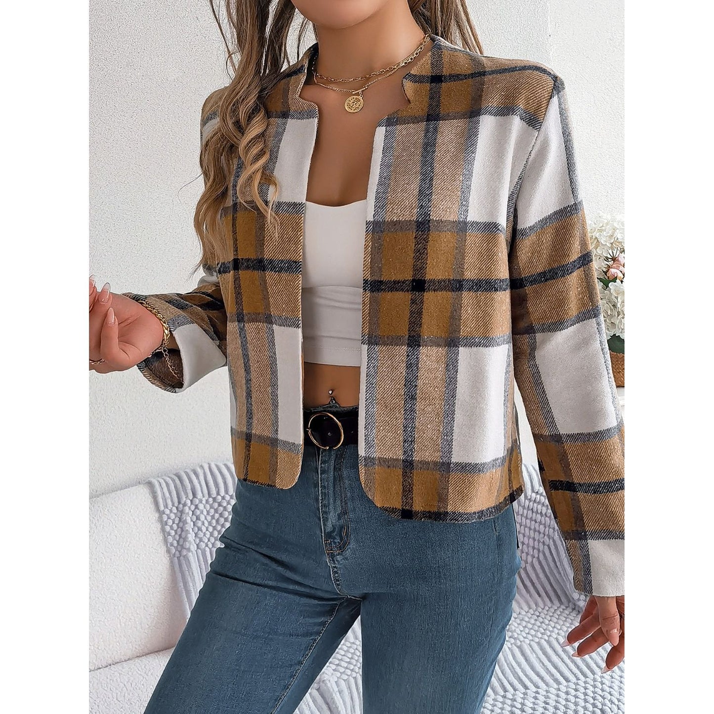 Plaid Open Front Long Sleeve Jacket