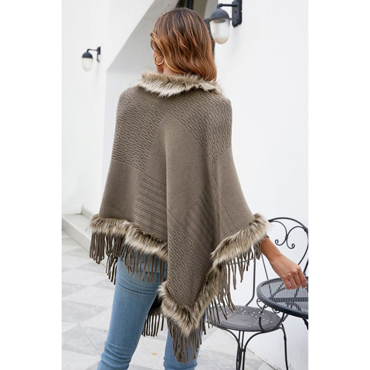 Faux Fur Trim Fringed Poncho