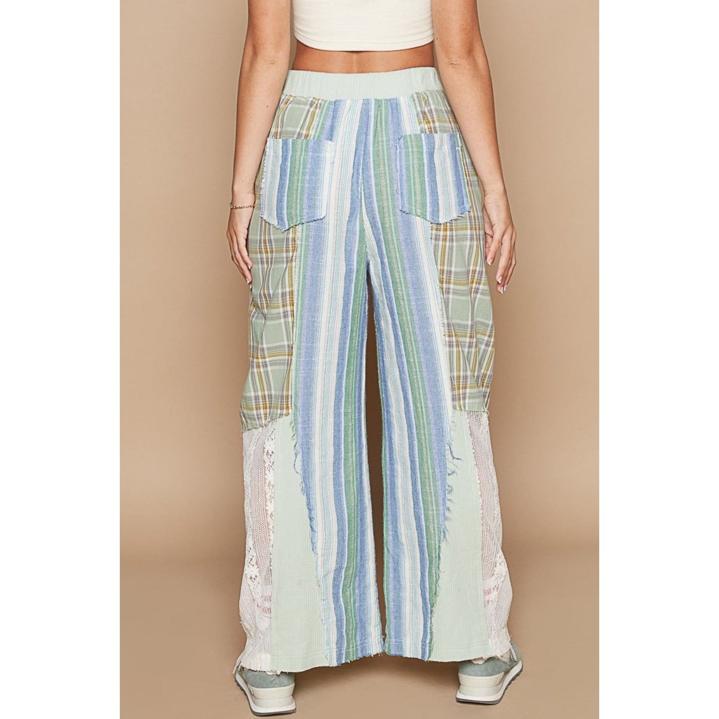 POL Drawstring Plaid Print Lace Straight Pants