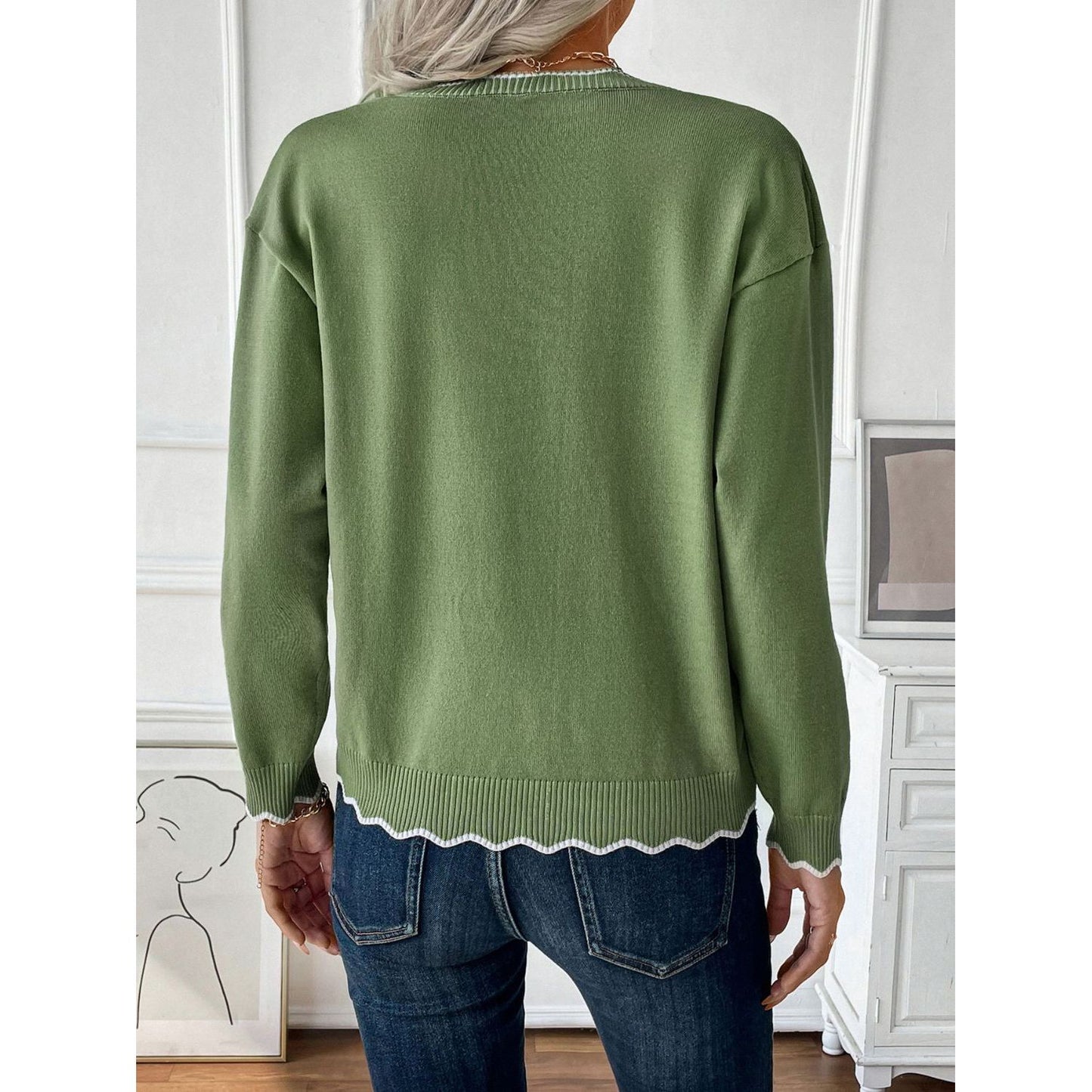 Contrast Trim Quarter Zip Long Sleeve Knit Top