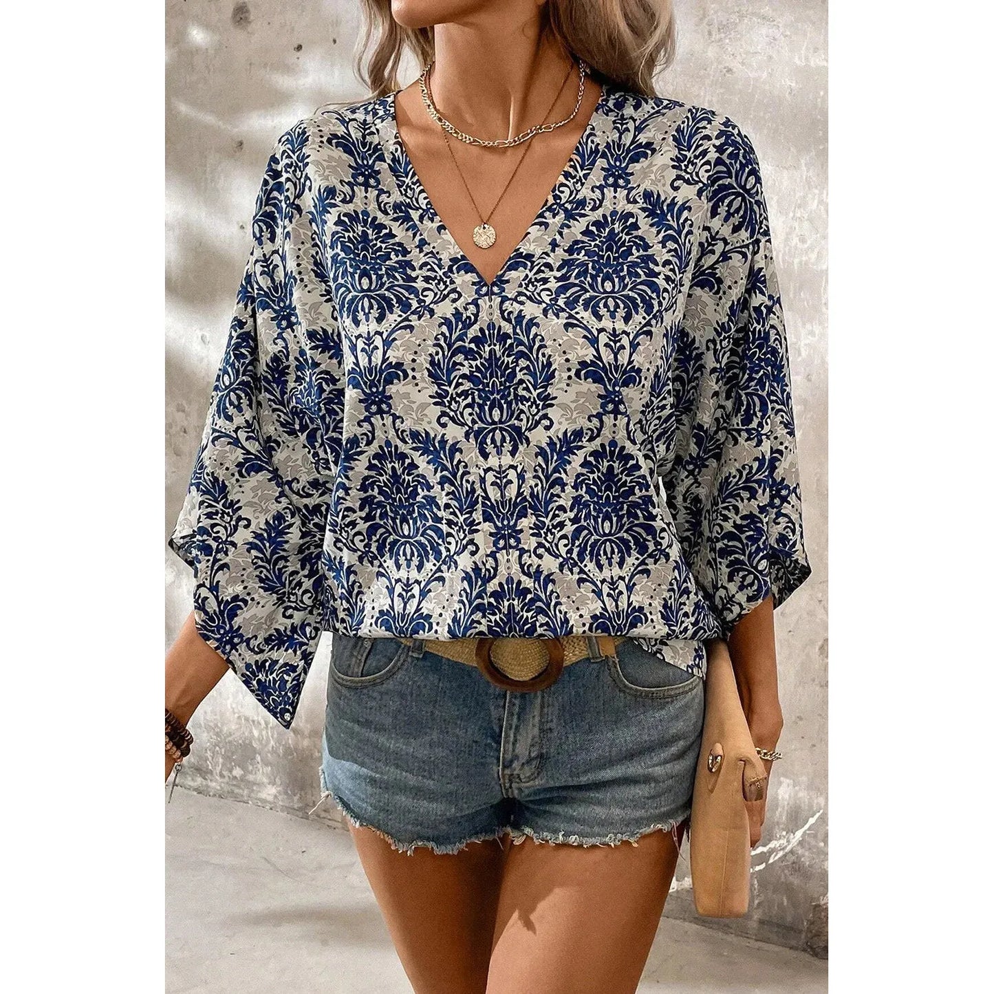 Printed V-Neck Three-Quarter Sleeve Blouse