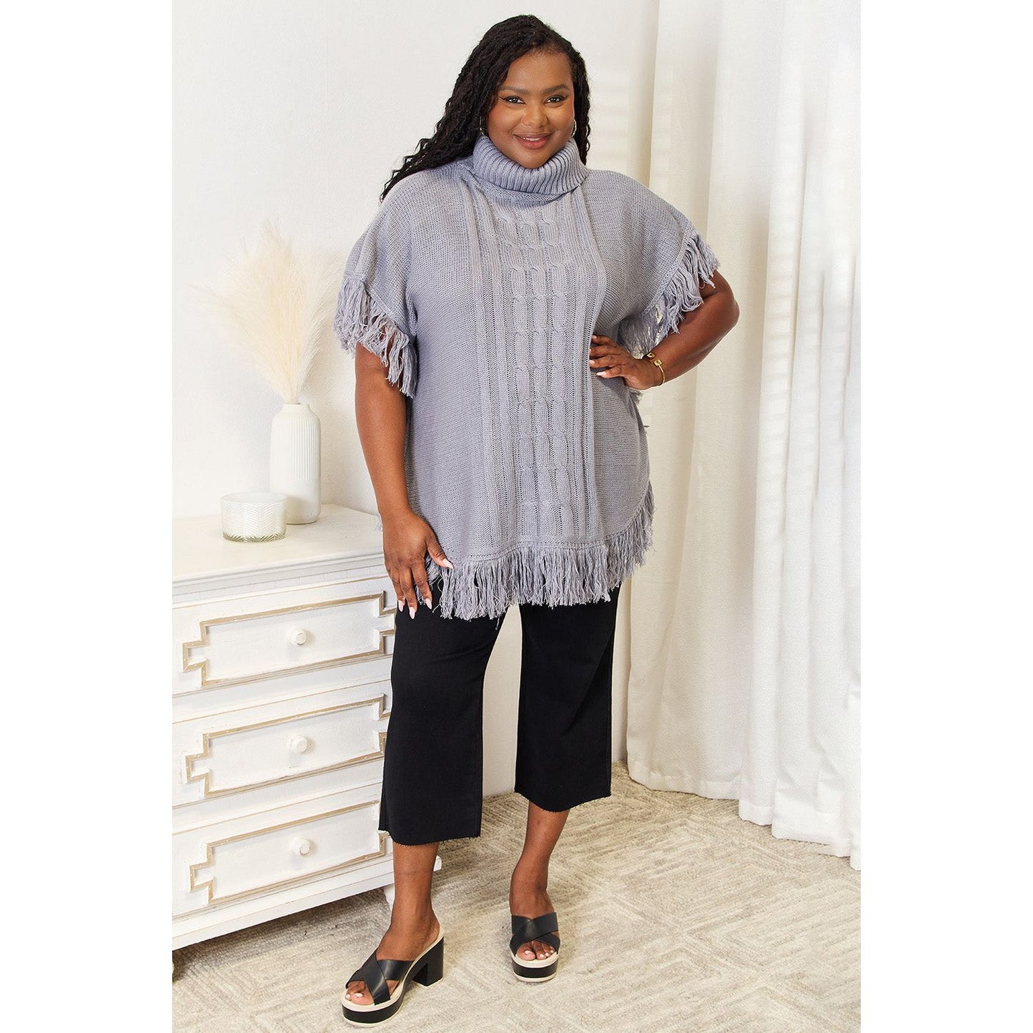 Justin Taylor Turtle Neck Fringe Poncho