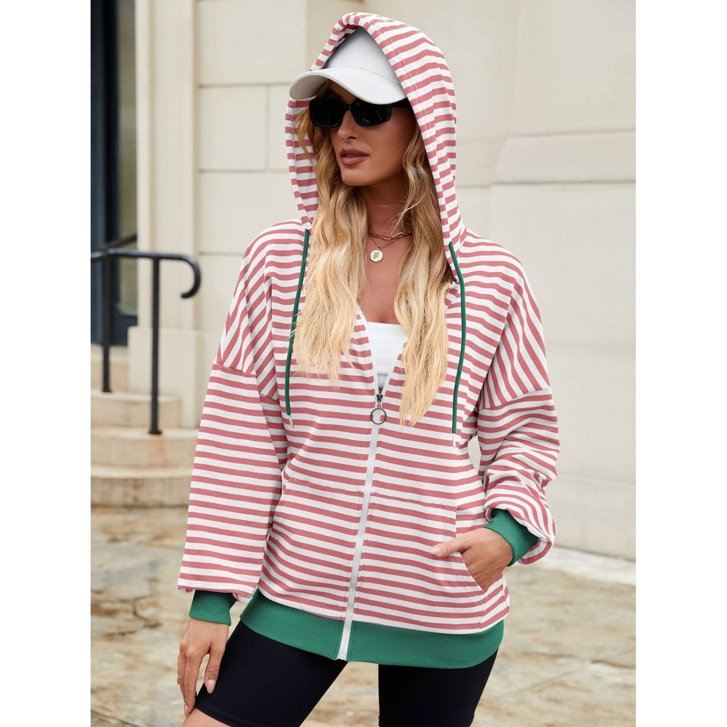 Drawstring Striped Zip Up Long Sleeve Hoodie