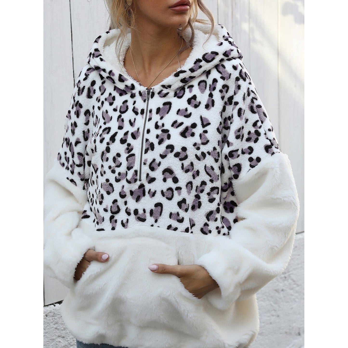 Shiny Leopard Half-Zip Dropped Shoulder Hoodie