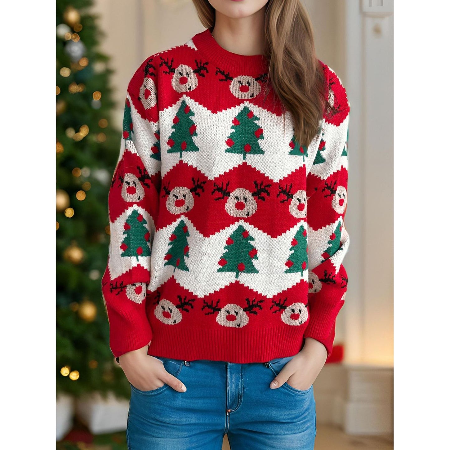 Christmas Element Round Neck Long Sleeve Sweater