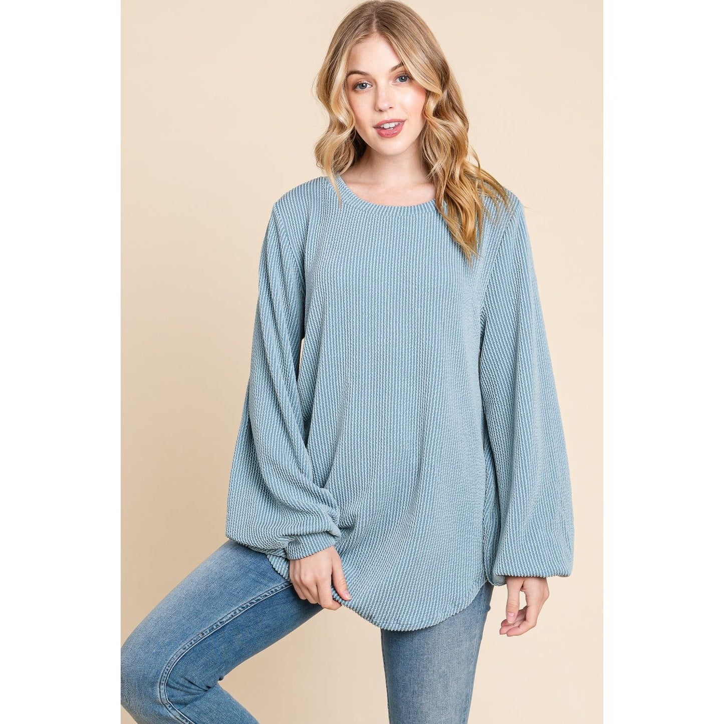 BOMBOM Long Sleeve Curved Hem Ribbed T-Shirt