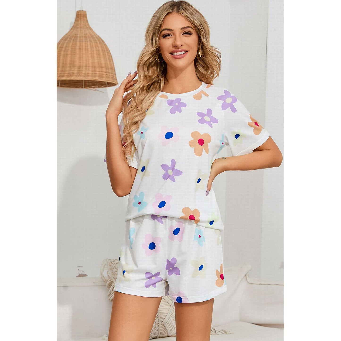 Floral Round Neck Raglan Sleeve Top and Shorts Lounge Set