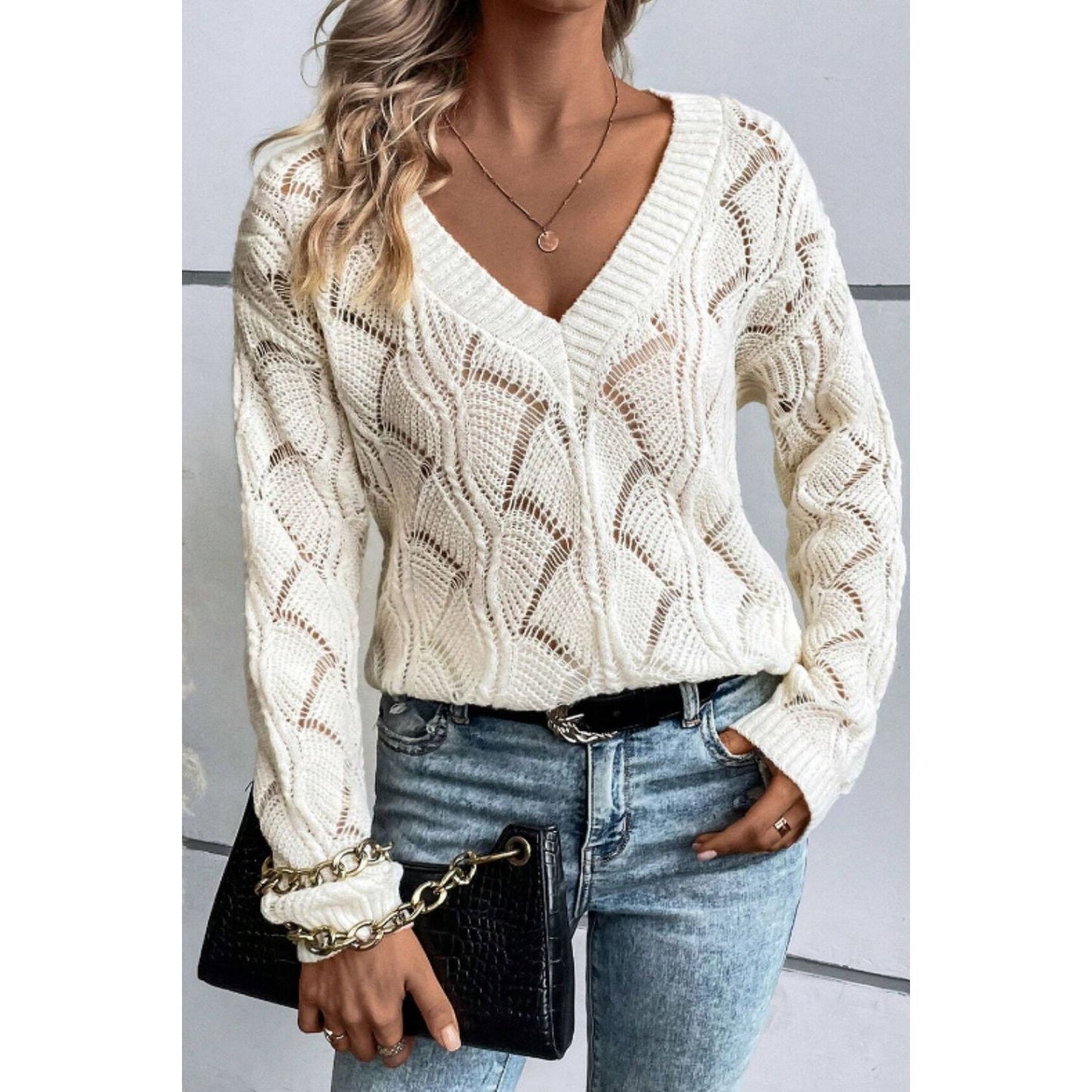 Openwork V-Neck Long Sleeve Sweater