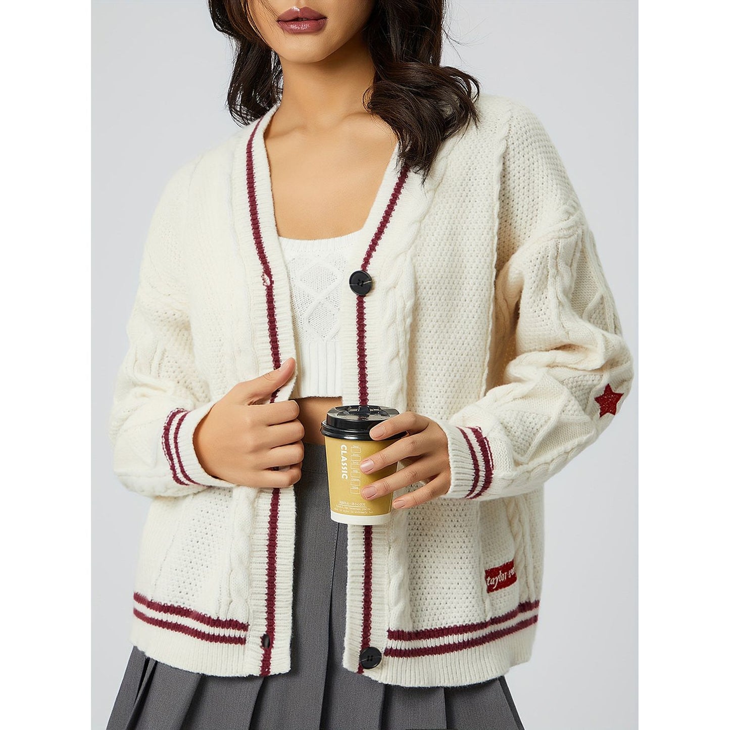 Star Embroidered V-Neck Long Sleeve Cardigan