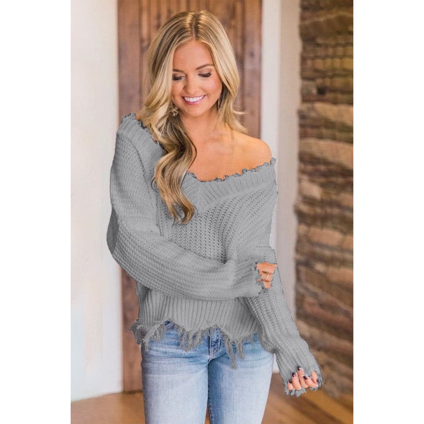 Frayed Hem Dropped Shoulder Sweater