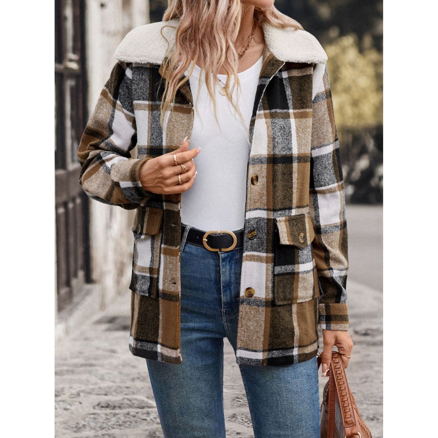 Perfee Pocketed Plaid Button Up Collared Neck Jacket