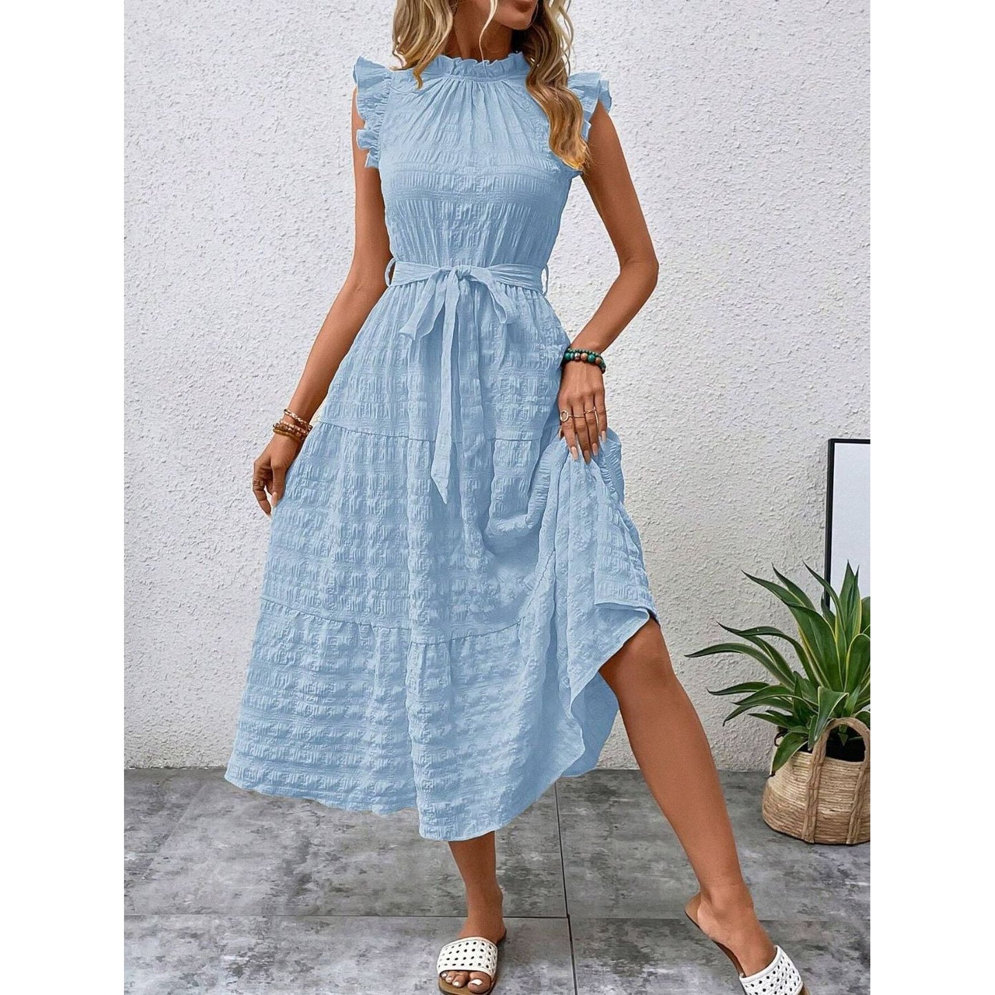 Tied Ruffled Cap Sleeve Midi Dress