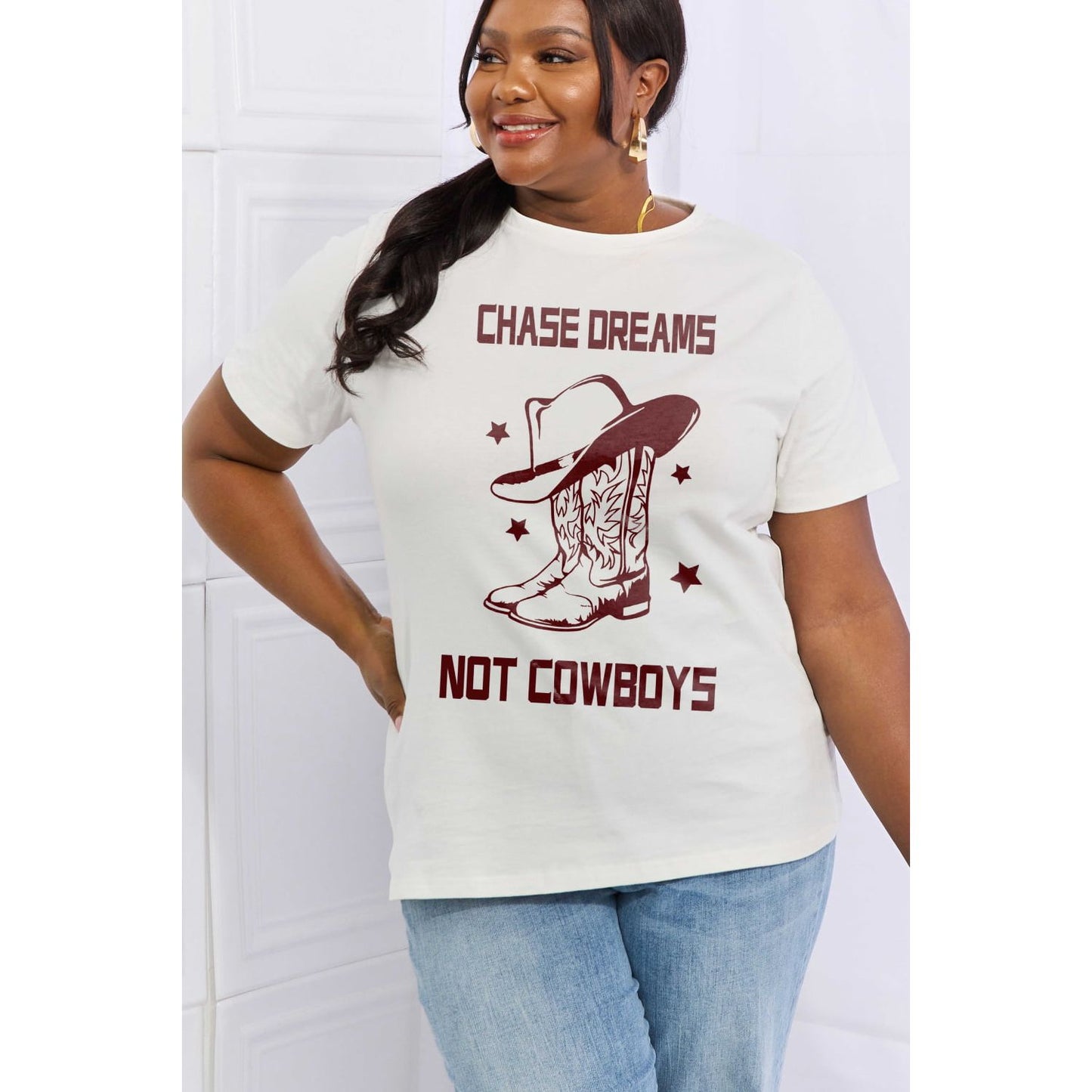 Simply Love Simply Love Full Size CHASE DREAMS NOT COWBOYS Graphic Cotton Tee