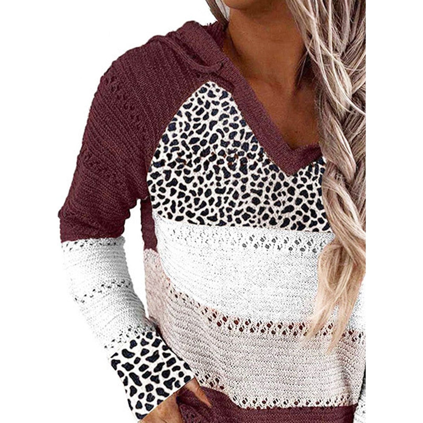 Full Size Openwork Leopard Drawstring Hooded Sweater