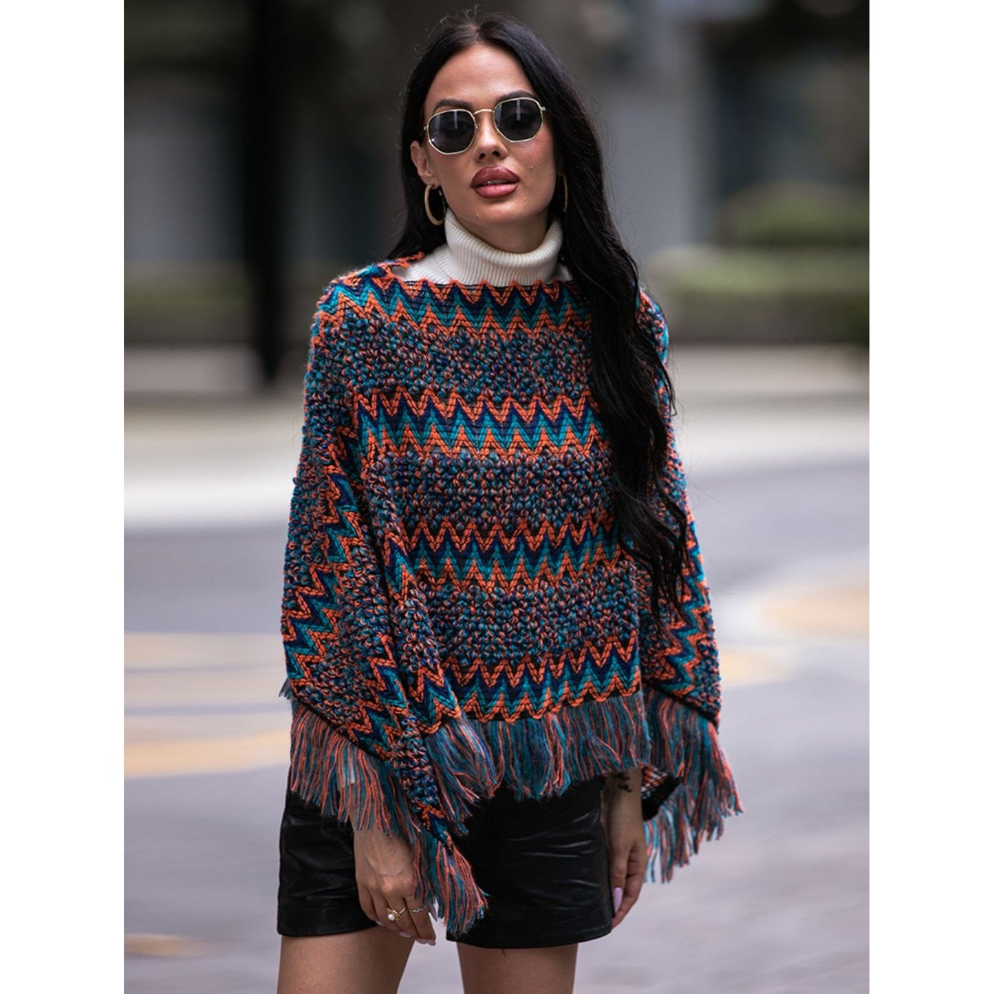 Shiny Fringe Hem Boat Neck Poncho