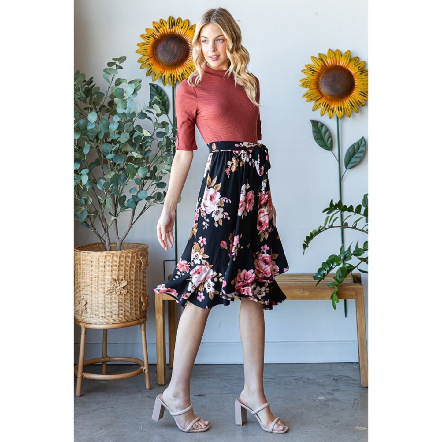 Reborn J Floral Wrap Ruffle Hem Skirt