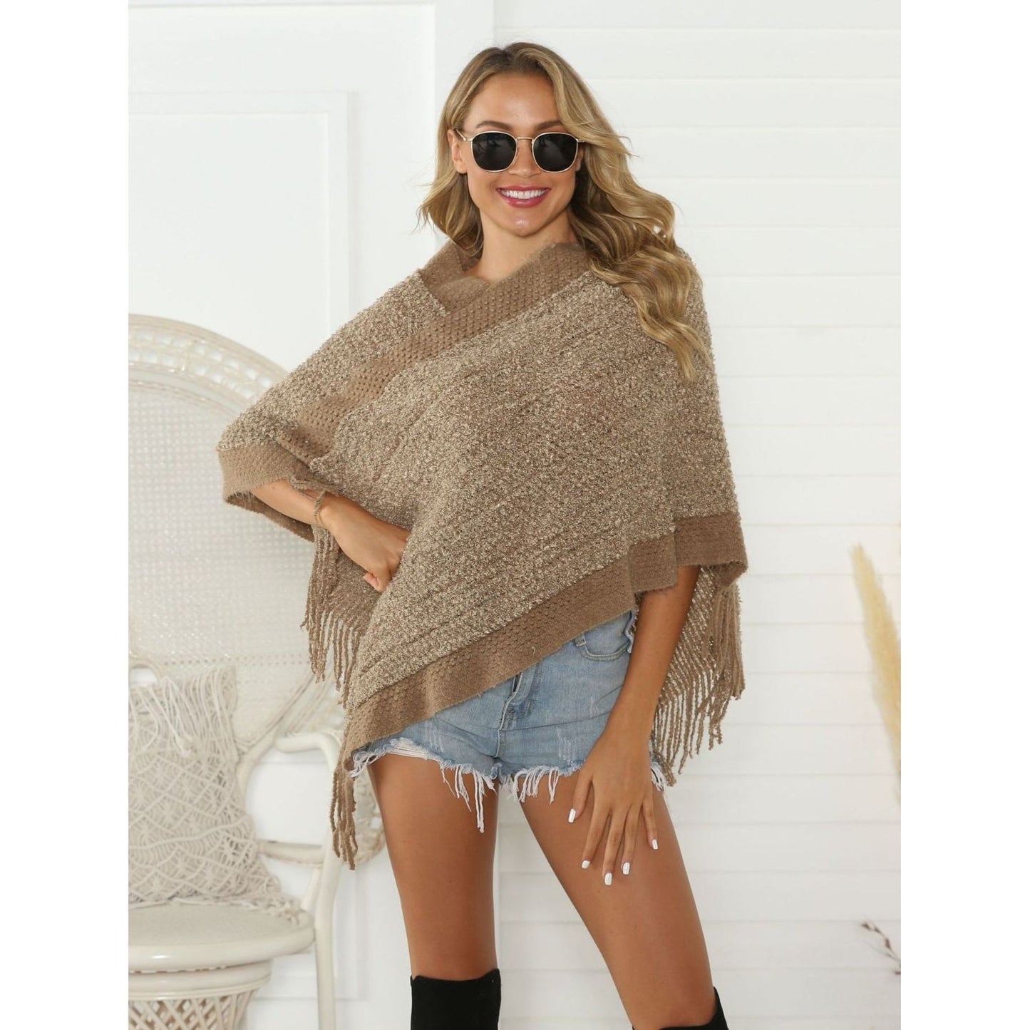 Shiny Heathered Fringe Detail Poncho