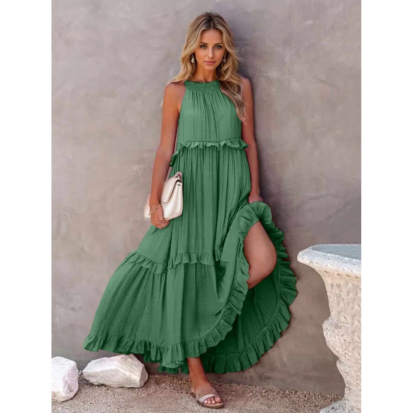 Ruffled Sleeveless Tiered Maxi Dress with Pockets