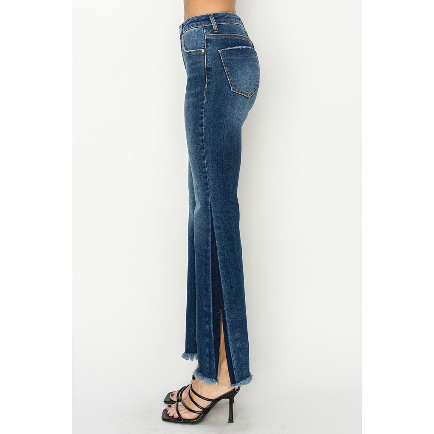 RISEN Full Size High Rise Side Shadow Seam Detail Slit Flare Jeans