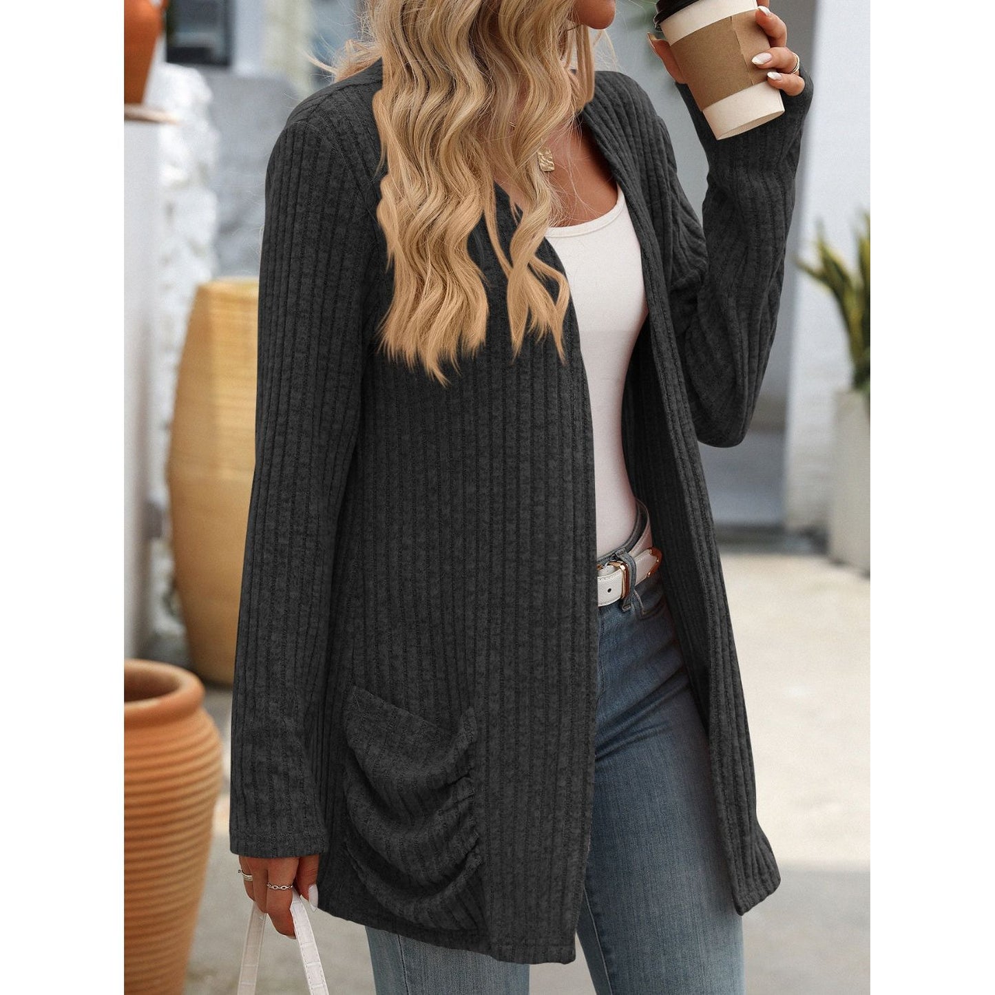 Open Front Long Sleeve Ribbed Cardigan