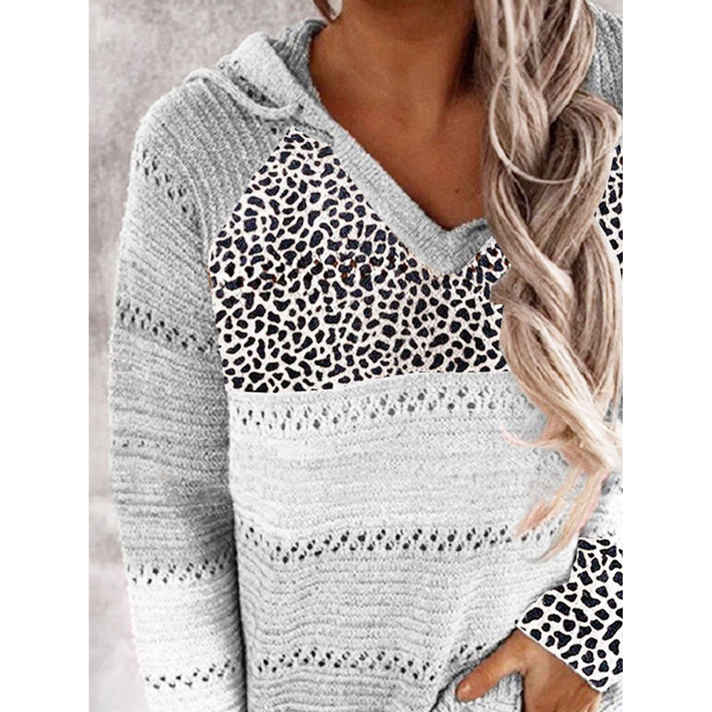 Full Size Openwork Leopard Drawstring Hooded Sweater