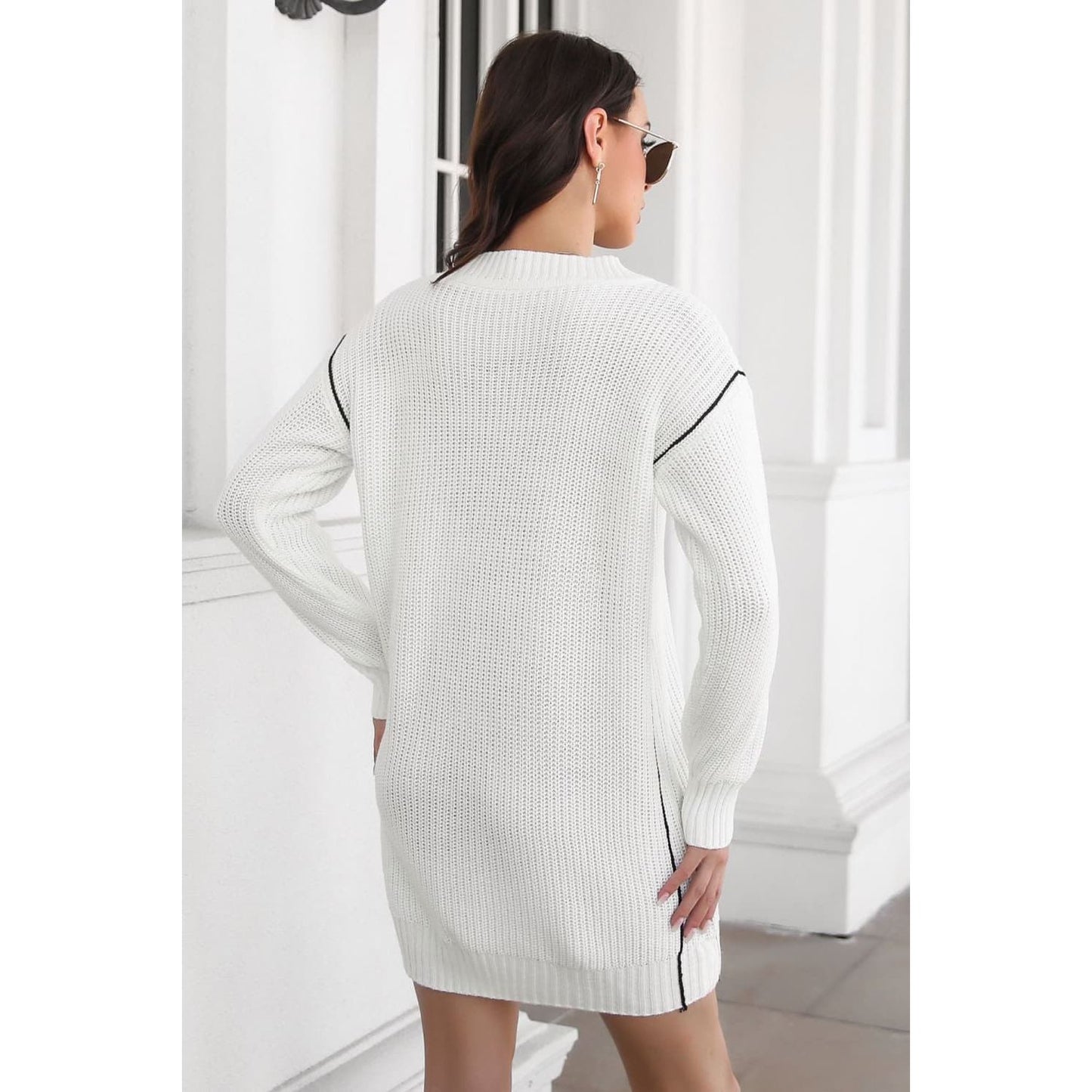 Contrast V-Neck Sweater Dress