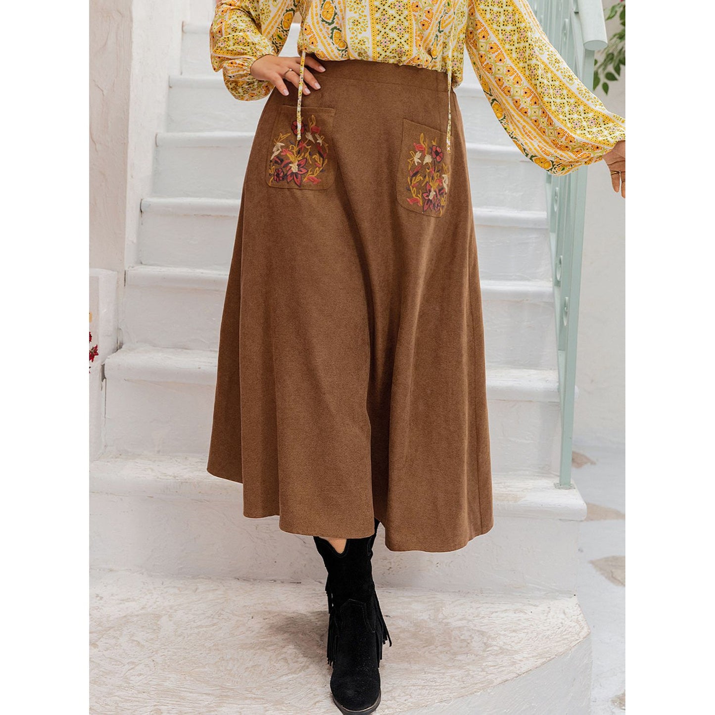 Plus Size Embroidered Pocketed High Waist Skirt