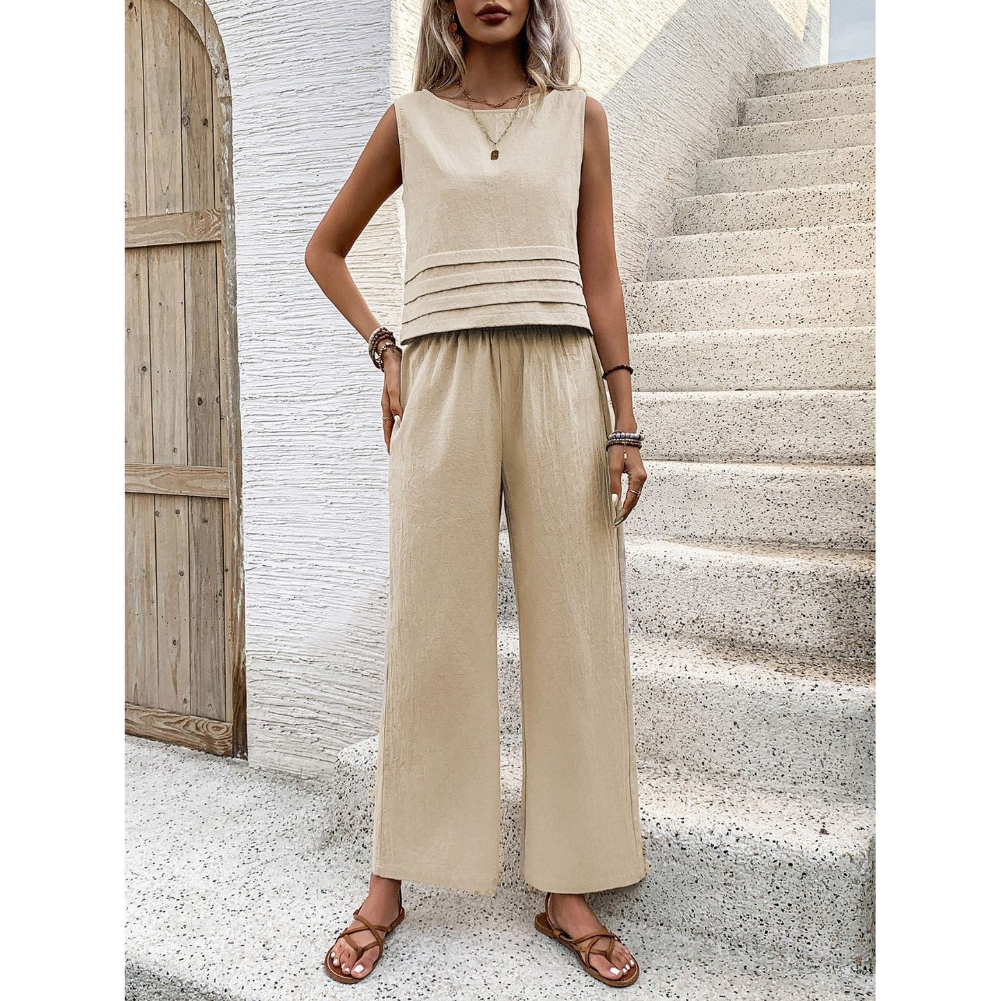 Honey Round Neck Sleeveless Top and Wide Leg Pants Set