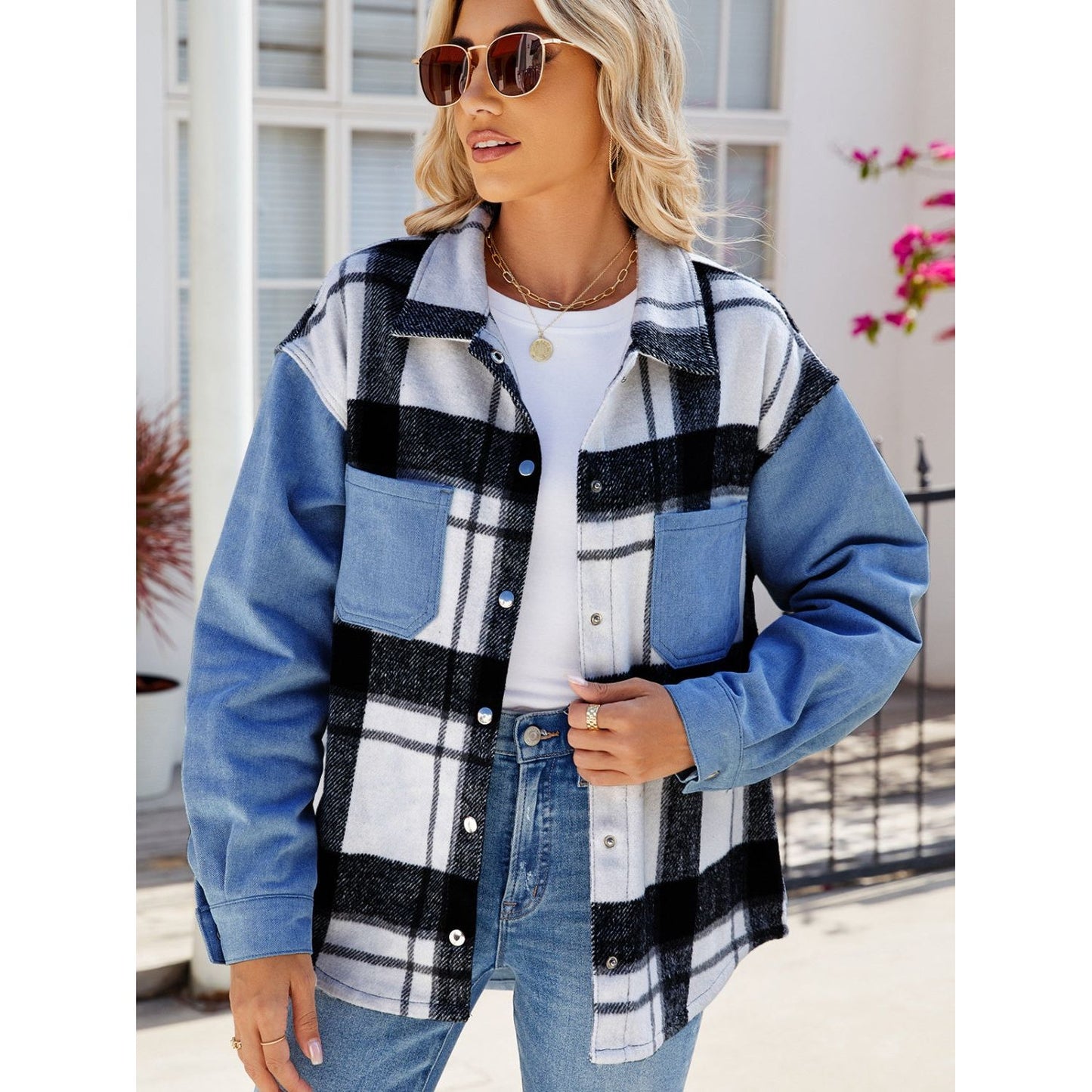 Pocketed Plaid Snap Down Denim Jacket