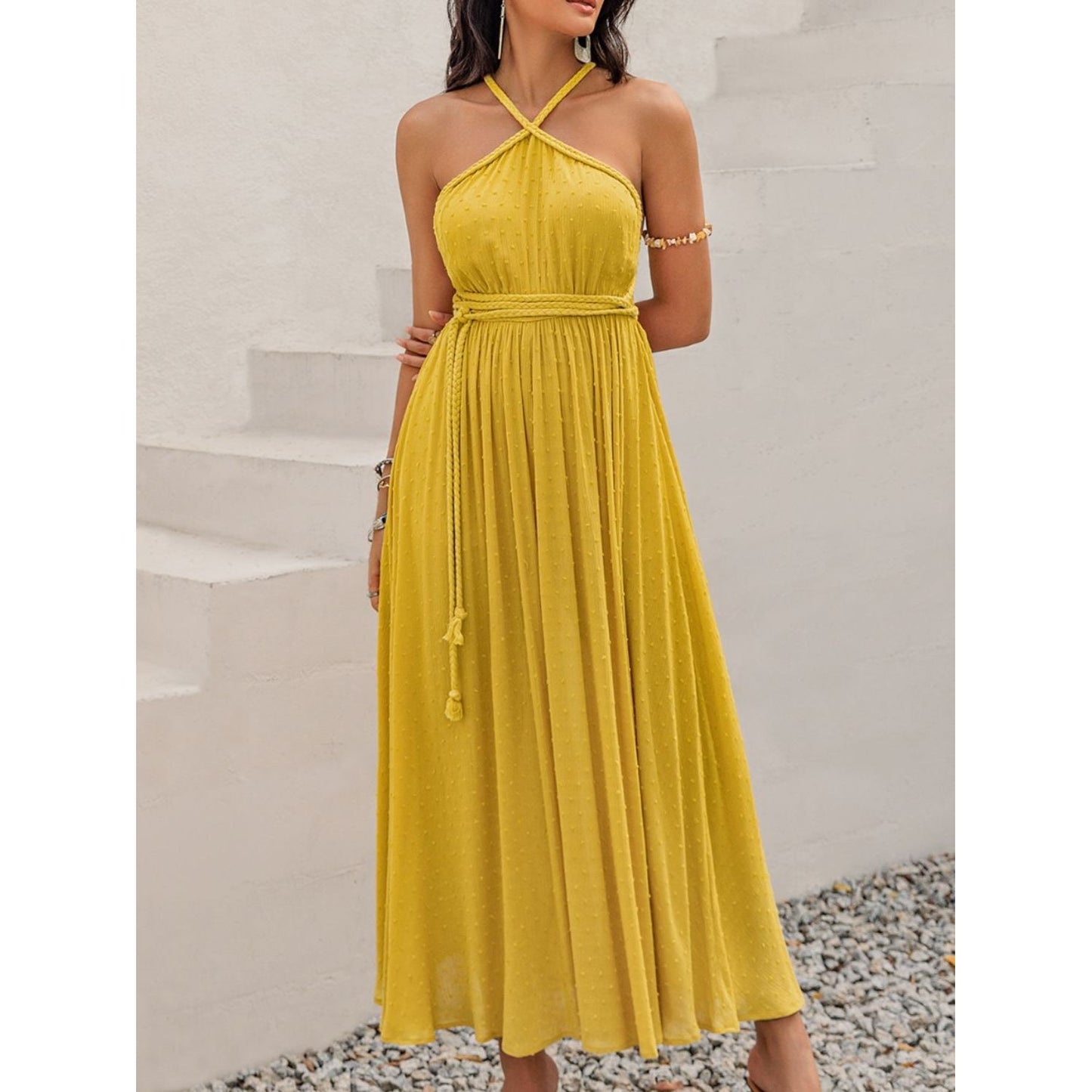 Swiss Dot Backless Sleeveless Maxi Dress