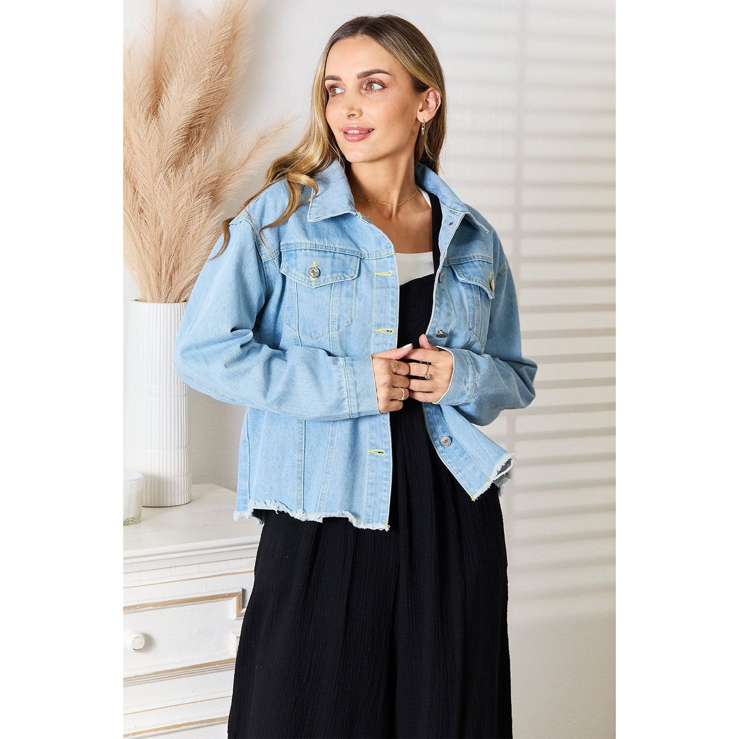 Double Take Dropped Shoulder Raw Hem Denim Jacket