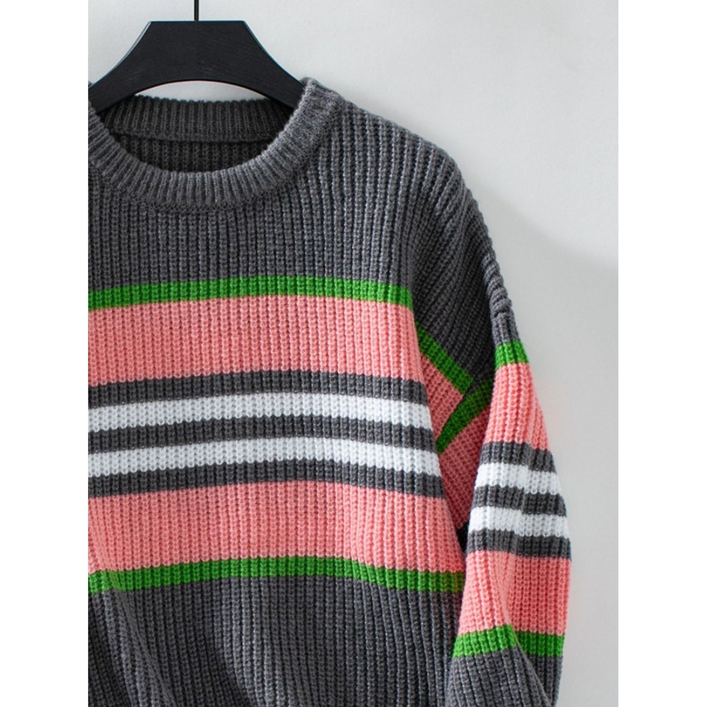 Contrast Stripes Round Neck Long Sleeve Sweater