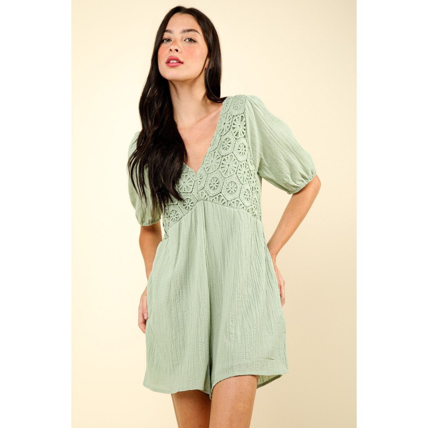 VERY J Lace Detail Puff Sleeve Romper with Pockets