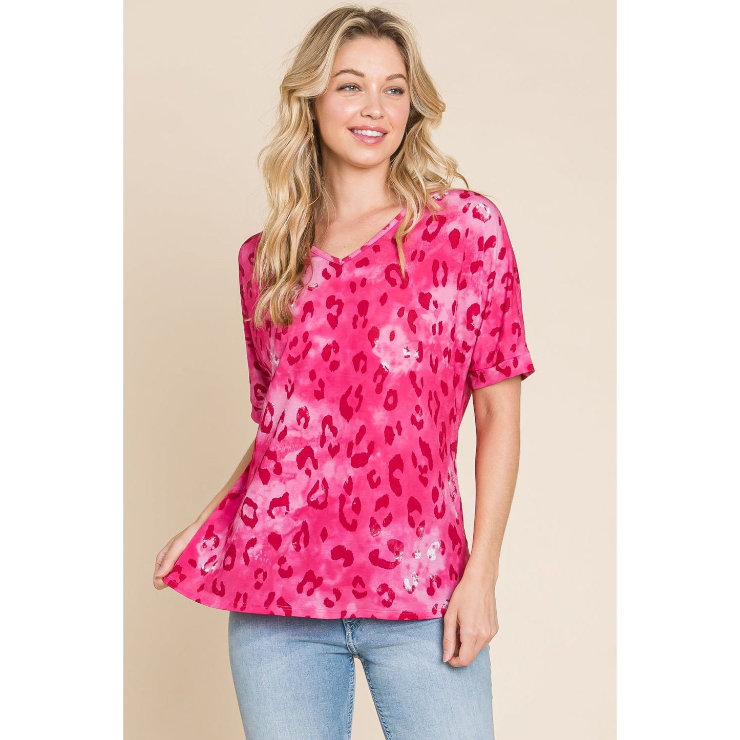 BOMBOM Leopard V-Neck Short Sleeve T-Shirt