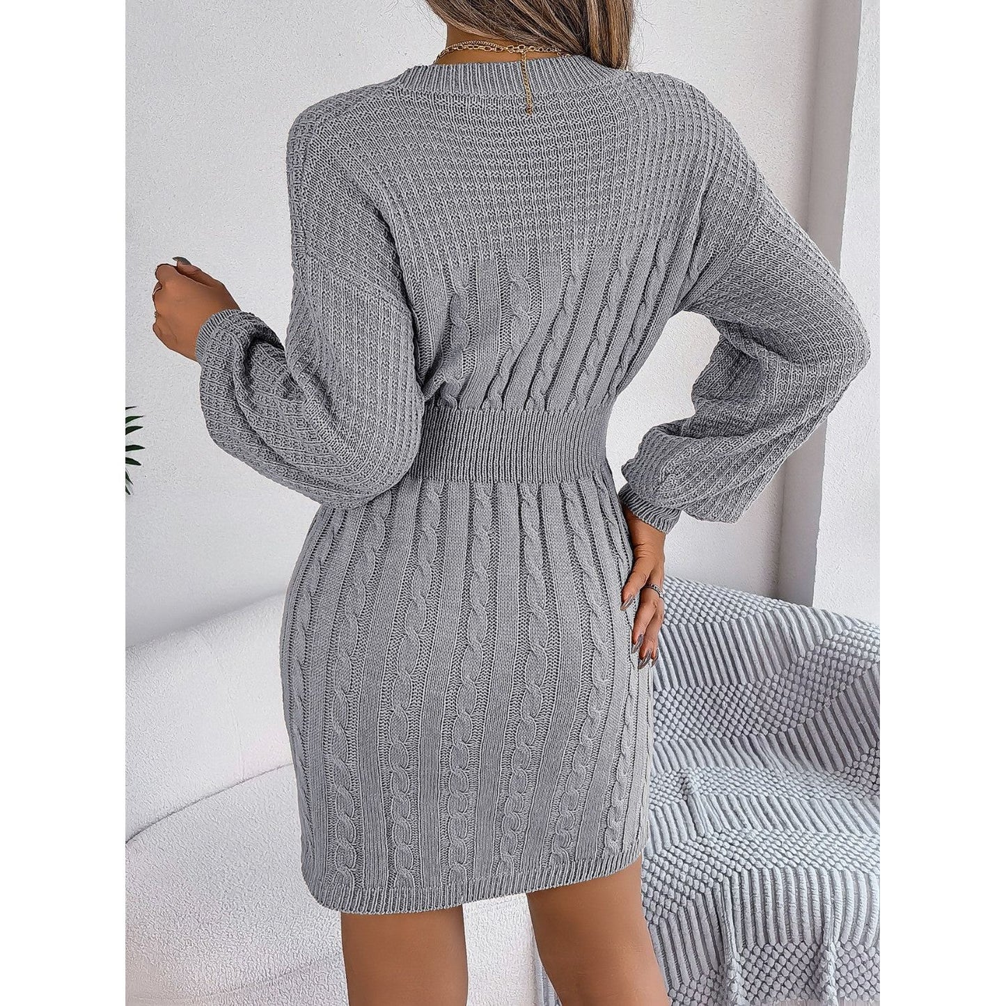 Cable-Knit Cutout Round Neck Slit Sweater Dress