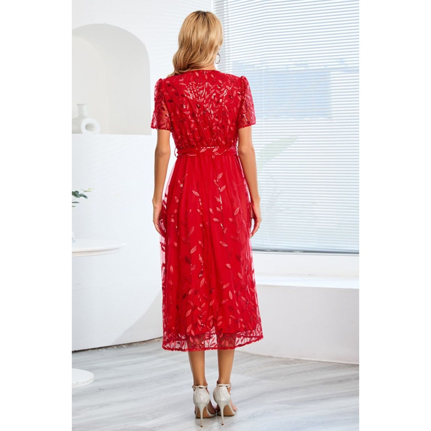 Sequin Leaf Embroidery Tie Front Short Sleeve Dress