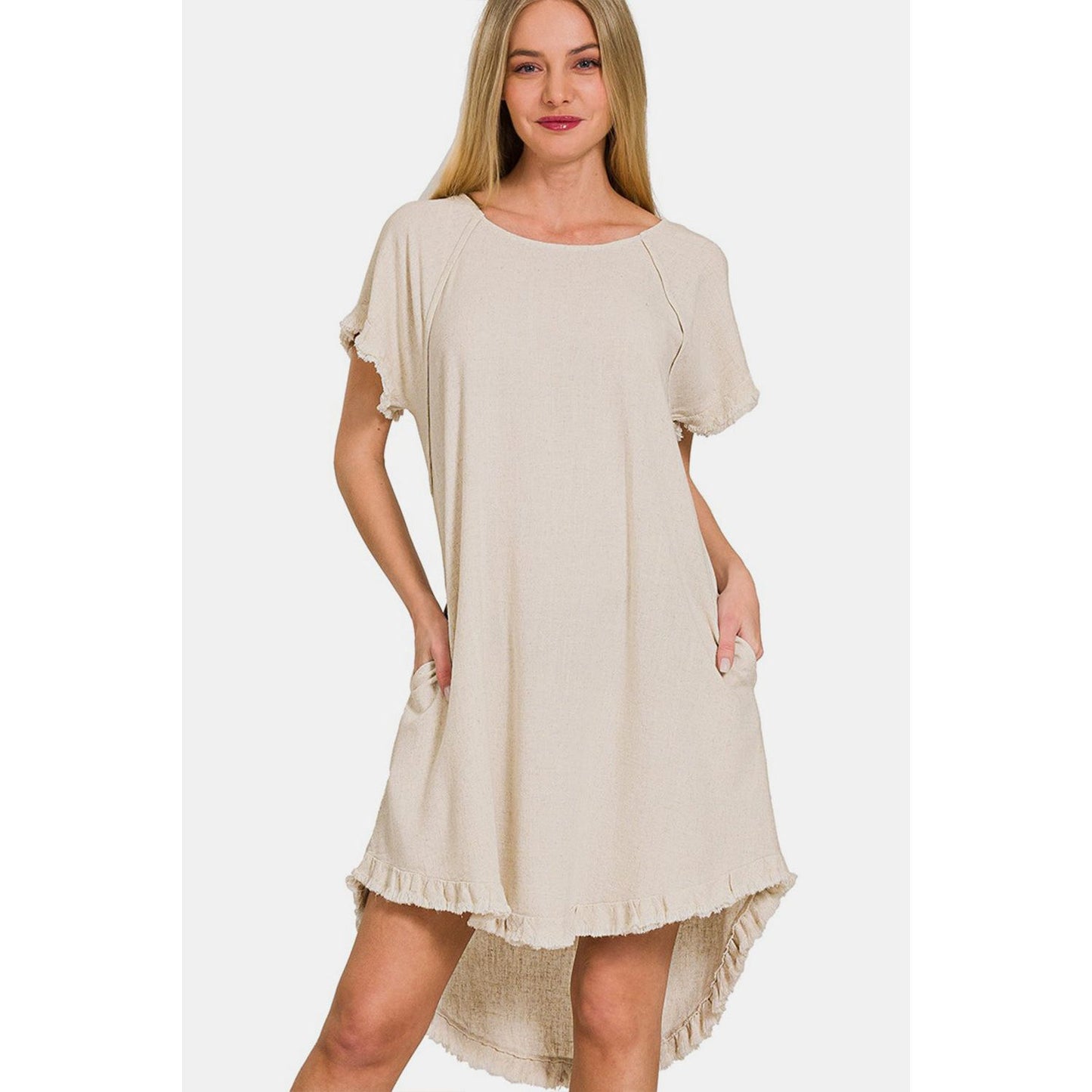 Zenana Fringe Edge High Low Flowy Dress with Pockets