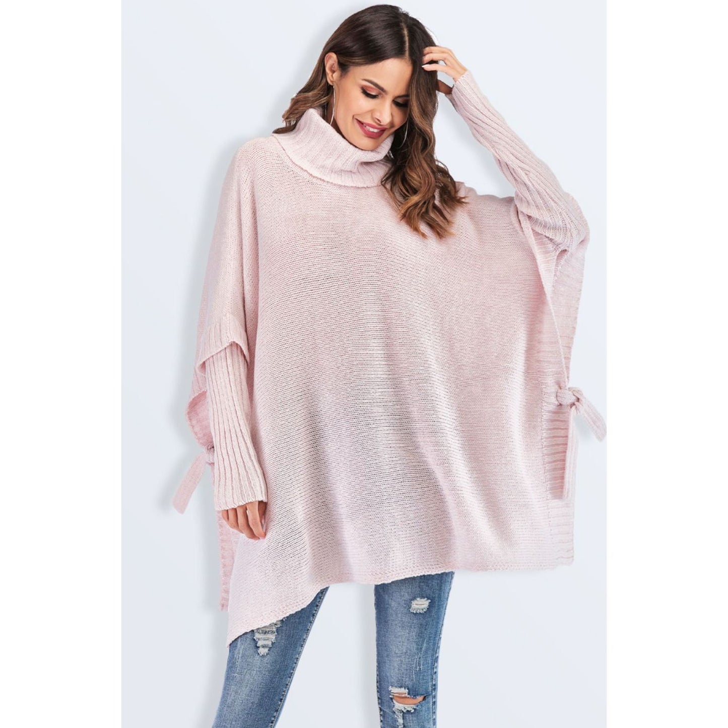 Tied Turtleneck Asymmetrical Hem Sweater