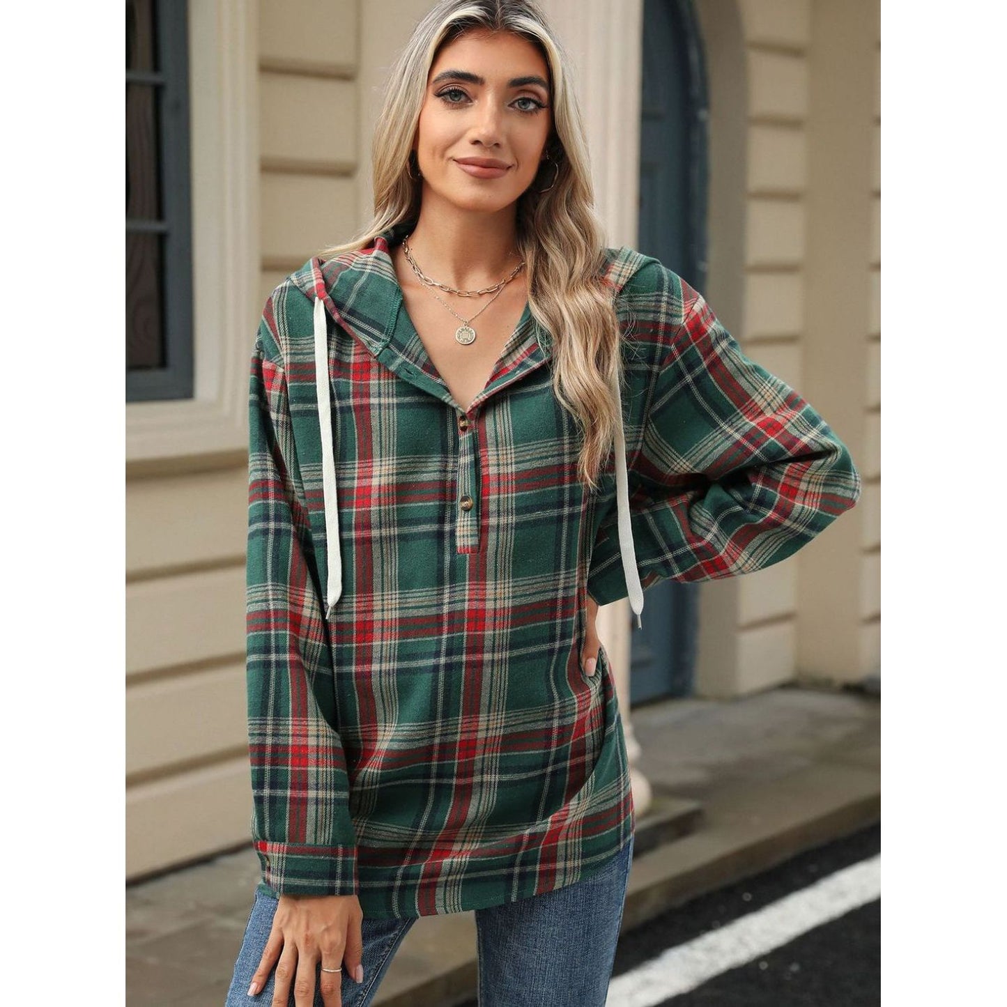 Drawstring Plaid Hooded Long Sleeve Top