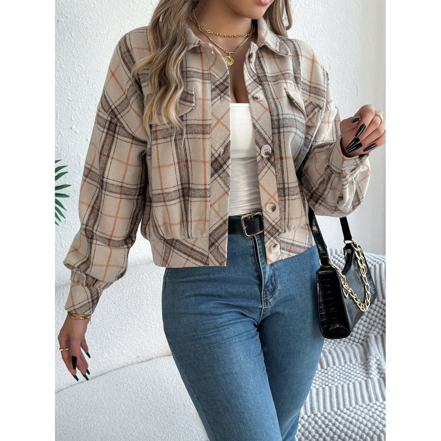 Plaid Button Up Long Sleeve Jacket