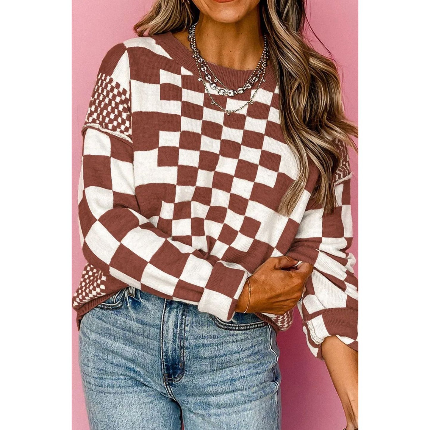 Checkered Round Neck Long Sleeve Sweater