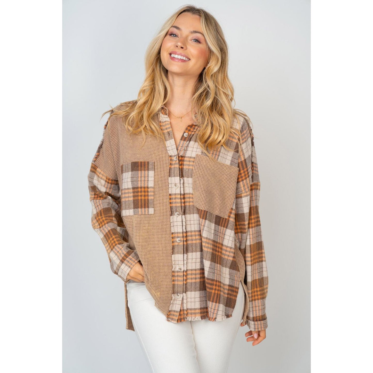 White Birch Full Size Contrast Plaid Button Down Shirt