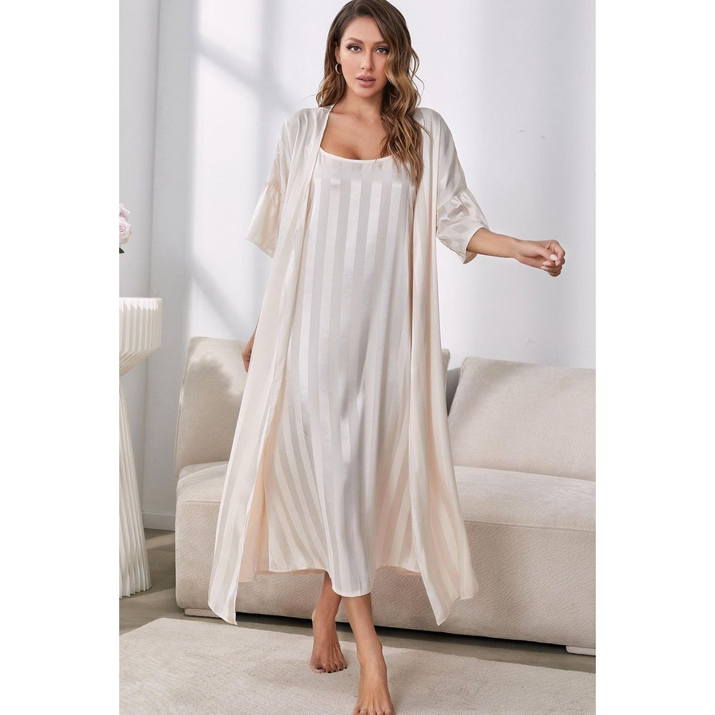 Striped Flounce Sleeve Open Front Robe and Cami Dress Set