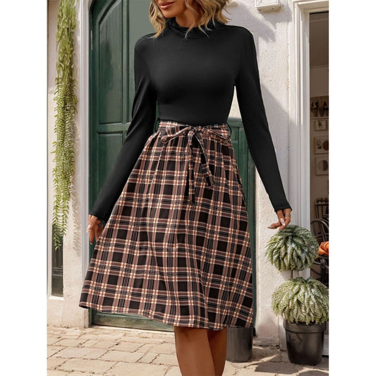 Perfee Plaid Mock Neck Long Sleeve Dress